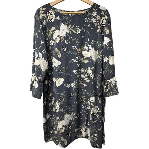 Old Navy Plus Dresses & Skirts - Old Navy Women’s Plus Size XXL Shift Dress Gray Floral 3/4 Ruffle Sleeve Cottage